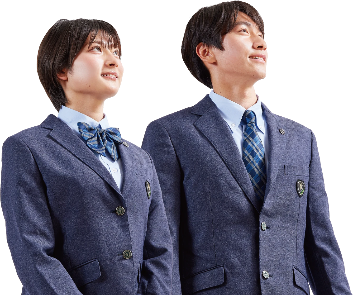 女子高校生と男子高校生が右上を見ている写真